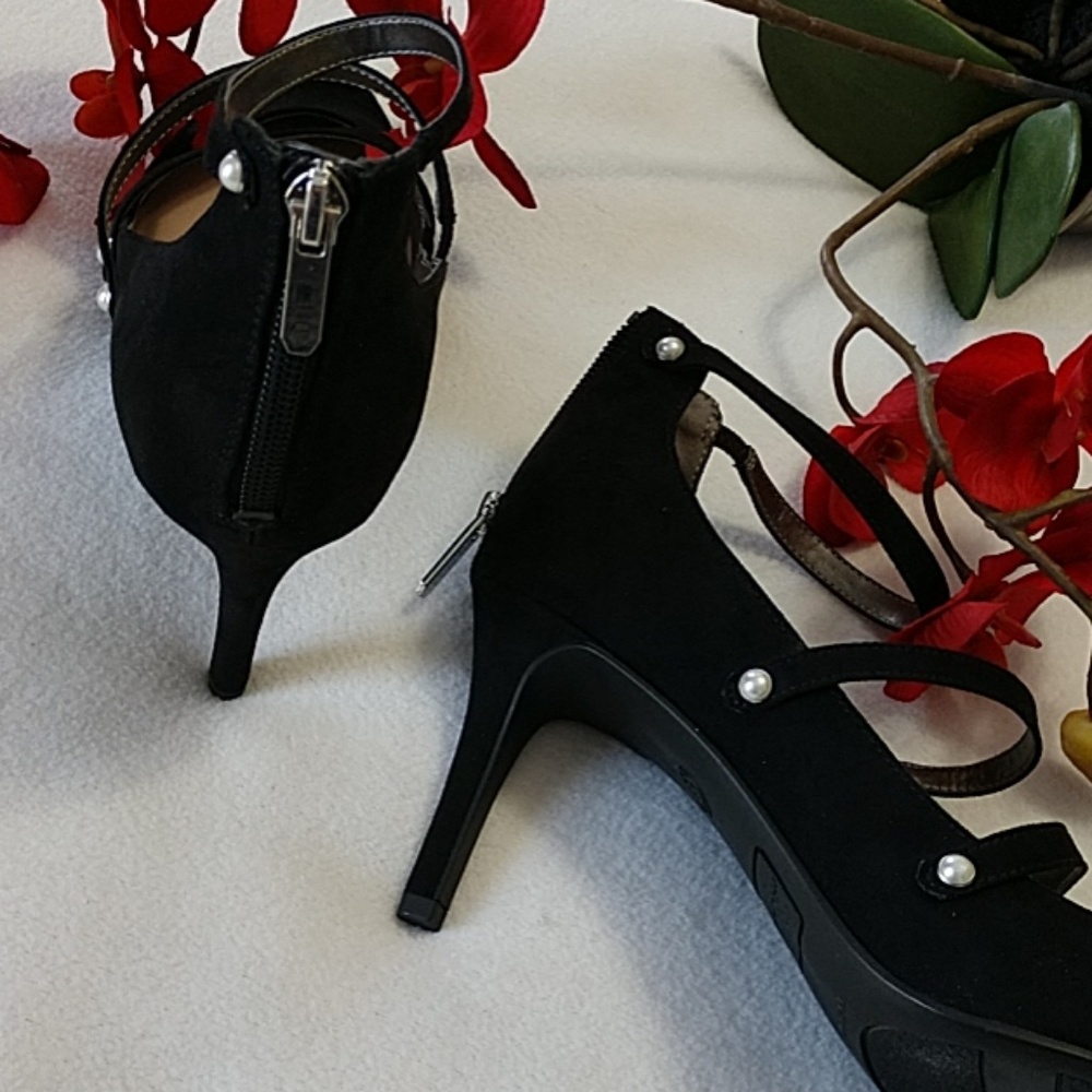 NEW Strappy Stilettos Heels Sexy Back Zip Faux Pearls Black Libby Edelman 8.5 - Picture 7 of 8